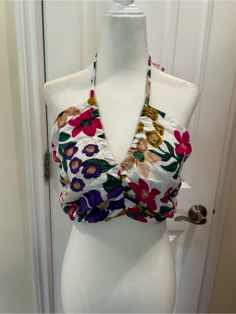 Petal & Pup Floral Halter Crop Top  White with Multicolor Floral Print Medium